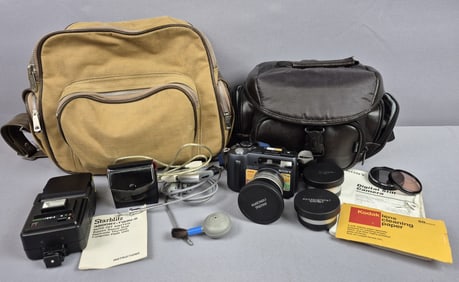 Assorted Vintage Camera Lot Flash Bags Lenses Sony Ciber-shot digital camera.