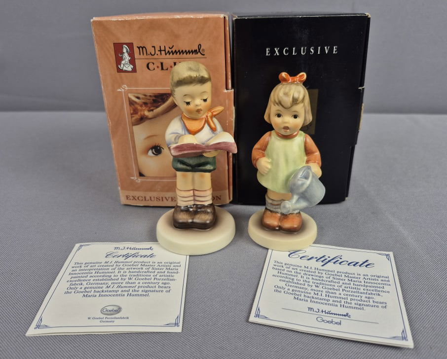 Goebel Hummel Figurines Honor Student 2087B & Nature's Gift 729 with Boxes: Nature's Gift 729 with Boxes Honor Student measures 4 inches tall, TMK #8. Nature's Gift measures 3.75 inches tall, TMK #7. Small paint chip on book of Honor Student. Please see images for details reg