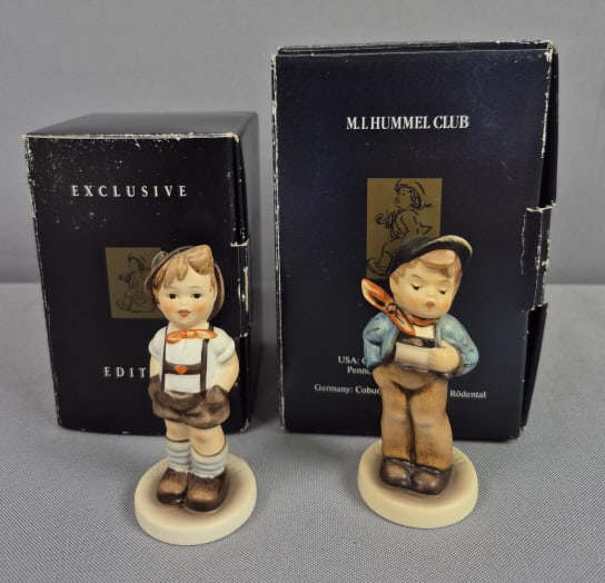 Goebel Hummel Figurines Lucky Fellow 560 & For Keeps 630 with Boxes: Keeps 630 with Boxes Lucky Fellow measures 3.675 inches tall, TMK #7. For Keeps measures 3.5 inches tall, TMK #7. Both free from damage. Please see images for details regarding the condition.