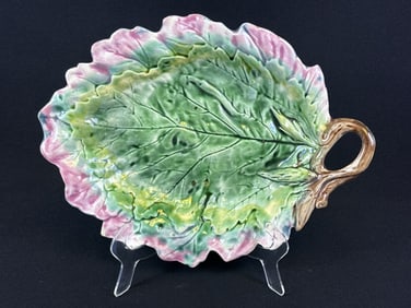 Antique Etruscan Majolica Oak Leaf Tray 12 inches wide by 9.5 inches wide. Crazing over all. Small