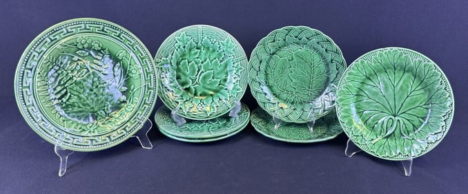 Green Leaf Majolica Plates Six 8 inches plates one 9.5 inch. Crazing over all. Please see photos for