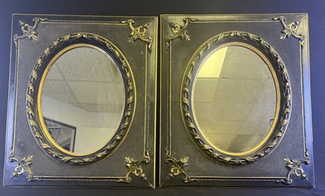 Pair Antique Oval Wall Mirrors Carved Wood Frames 25.5 x 21.5 inches. Signs of age including scuffs