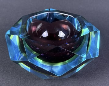 Mid Century Murano Faceted Glass Ashtray 5.5 inches wide by 3.25 inches tall.