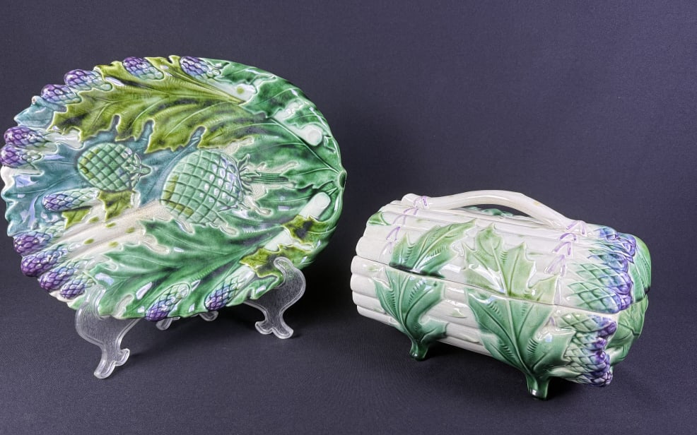 Antique Majolica Asparagus Platter & Tureen Platter measures 14 x 11 x 1.5 inches. Tureen measures: Platter measures 14 x 11 x 1.5 inches. Tureen measures 11 x 7.5 x 7 inches. Crazing over all. Few small chips. Please refer to photos for further details.
