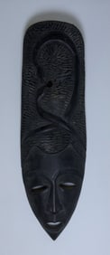 Carved Wood Tribal Mask w Snake Motiff 30 x 9.5 x 3 inches. Unsigned. Origin unknown. Please see