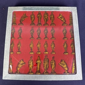 Vintage Pewter Spanish Bullfighter Chess Set With box. Lid window cracked. Measures approximately