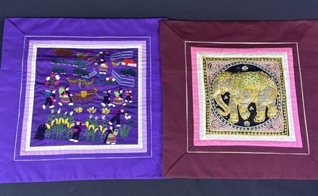 Embroidered & Sequined Asian Pillow Shams Story Cloth measures 16.25 x 16.5. Sequined elephant