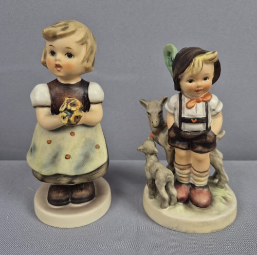 Goebel Hummel Figurines Little Goat Herder 200 & For Mother 257: For Mother 257 Little Goat Herder measures 4.675 inches tall, TMK #5. For Mother measures 5 inches tall, TMK #6. Both free of chips, crazing present to both. Please see images for details regarding th