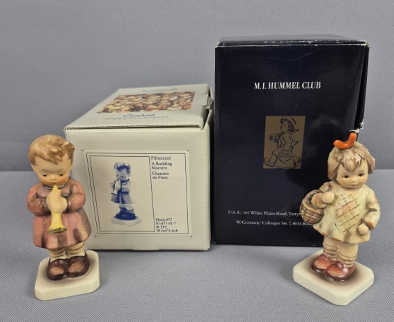 Goebel Hummel Figurines A Budding Maestro 477 & I Brought You a Gift 479 with Boxes: Brought You a Gift 479 with Boxes Budding Maestro measures 4 inches tall, TMK #6. I Brought You a Gift measures 4 inches tall, TMK #6. Both free from damage. Please see images for details regarding th