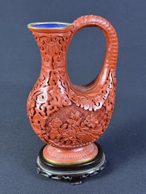 Carved Asian Cinnabar Pitcher Vase 7 x 5 x 4 inches. Free from damage.