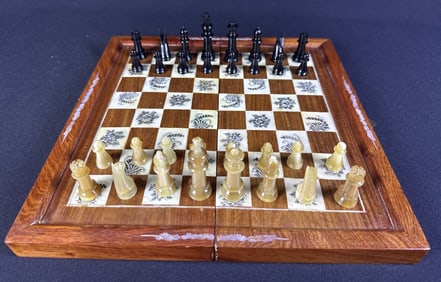 Vintage Chinese Wood Mother of Pearl Chess Set With pieces. 12.25 x 12.25 inches. Please refer to