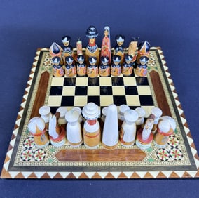 Vintage Middle Eastern Chess Set Carved Wood pcs Inlaid wood board measures 11.75 x 11.75 inches.