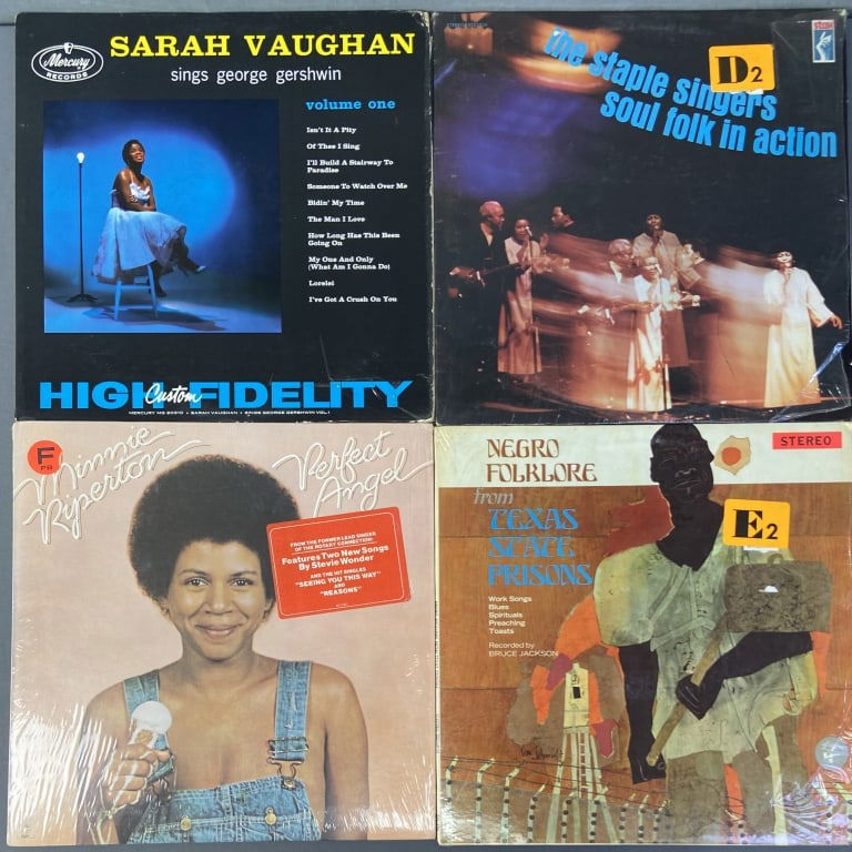 Vinyl Records Vaughan, Staple Singers, Riperton Perfect Angel by Minnie Riperton, Epic Records KE: Perfect Angel by Minnie Riperton, Epic Records KE 32561. Sarah Vaughan Sings George Gershwin Vol. 1, Mercury Records MG-20310. Soul Folk in Action by the Staple Singers, Stax Records STS-2004. Negro F