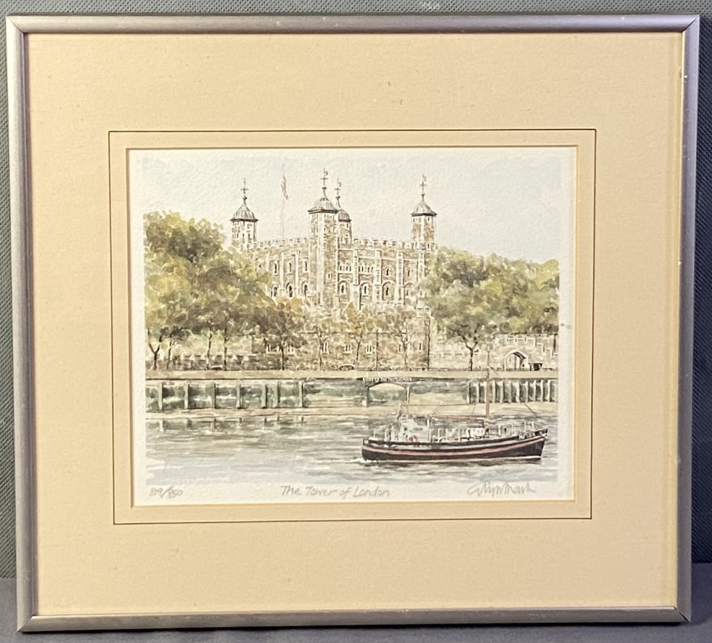 Tower Of London Watercolor Signed Small watercolor of the Tower of London, signed and numbered: Small watercolor of the Tower of London, signed and numbered 809/850. Signature is illegible. Artwork with mat and frame is 10 X 11 inches in size.