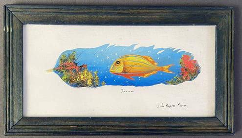 Fish Oil Painting on Feather Signed Signed painting of a yellow fish on a feather, signed Balam from