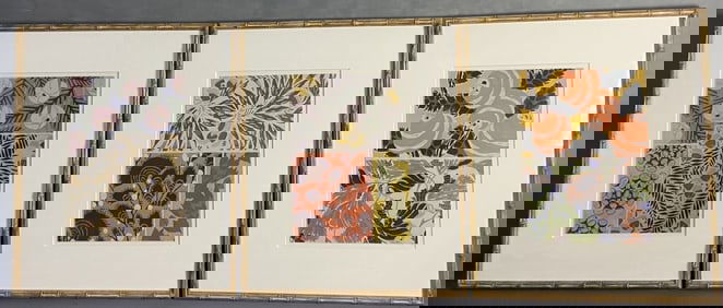 Floral Textile Prints in Bamboo Frames Three textile prints with bright colorful flower patterns