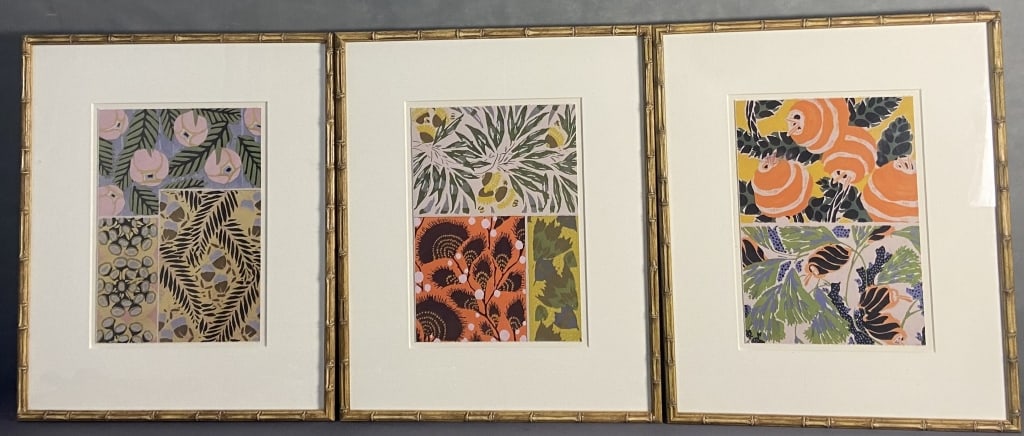 Floral Textile Prints in Bamboo Frames Three textile prints with bright colorful flower patterns (1 of 6)