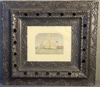 Antique Yacht Club Watercolor in Ornate Frame Unsigned watercolor painting of yachts from 1900.