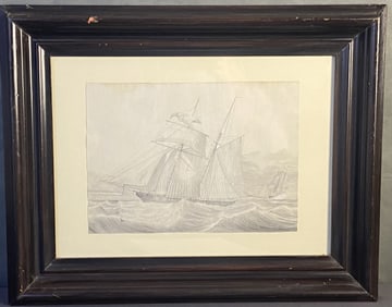 Antique Tall Ships Pencil Drawing Framed British pencil drawing of a tall ship, unsigned. Artwork