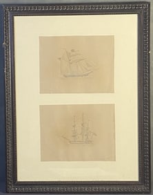 Antique Tall Ships Pencil Drawings in Frame Two 19th century sketches of tall ships in one frame.