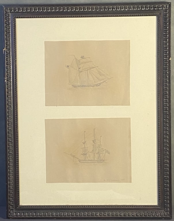 Antique Tall Ships Pencil Drawings in Frame Two 19th century sketches of tall ships in one frame. (1 of 7)
