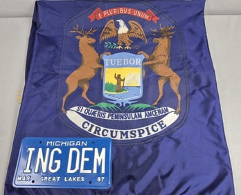 Vintage State of Michigan Flag and License Plate Flag measures 62 x 36 inches. Please see images for