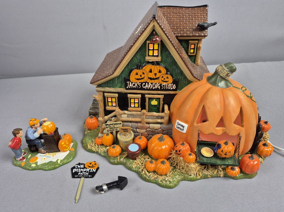 Department 56 Jack's Pumpkin Carving Studio with Box: Box House chimney needs to be reattached. Writing on box. Please see images for details regarding the condition.
