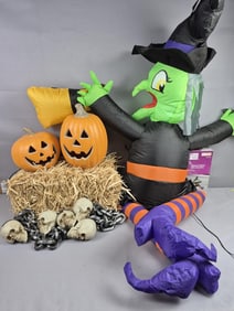 Assorted Halloween Decor Lot Blow Up Witch Light Up Pumkin & More