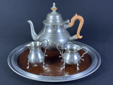 Williamsburg Restoration Stieff Pewter Tea Service Teapot, creamer, sugar bowl and Platter. Teapot