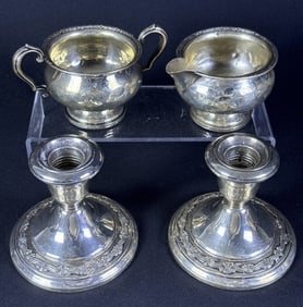 Weighted Sterling Silver Candlesticks Creamer Bowl Sugar Bowl, creamer (missing handle) and 2