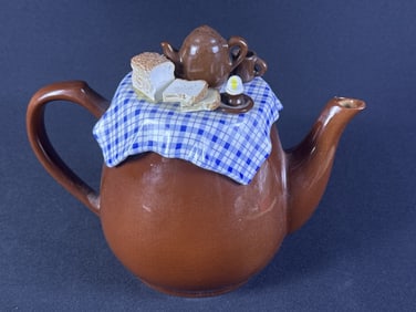Vintage Tea Council Sunshine Ceramics Teapot 10 inches wide by 7.5 inches tall. Crazing overall.