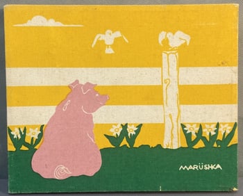Marushka Sik Screen Pig and Birds Silk screen print of a pig sitting in a green field by a white