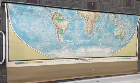 Vintage World Classroom Map Wenschow Relief Like Map from May 1, 1958, printed in West Germany. Map