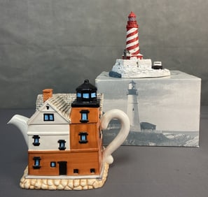Lighthouse Teapot and Figurine Round Island Michigan Lighthouse teapot by George Z Lefton, 1998.