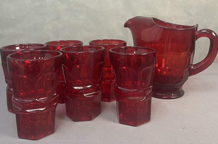 Vintage Ruby Red Glass Viking & Fostoria Ruby Red Georgian pitcher by Viking Glass paired with six (1 of 7)