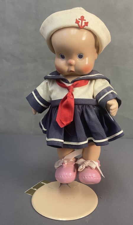 Vintage Horsman SheBee Doll 1987 1980's reproduction of the Horsman SheBee doll, original introduced: 1980's reproduction of the Horsman SheBee doll, original introduced in 1925. Includes stand, doll is 10 inches tall.