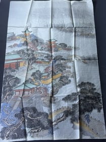 Vintage Asian Silk Screen Art Print Measures 22 x 36 inches.