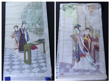 Pair Vintage Asian Rice Paper Artworks 36 x 18 inches. Some wrinkles and creases. Included box.