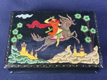 Vintage Russian Black Laquerware Hinged Box Measures 5 x 3.5 x 1.5 inches. Crazing overall with
