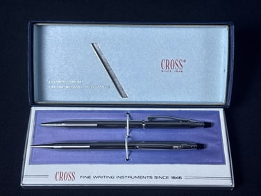 Cross Lustrous Chrome Pen & Pencil Set With box. Measures 6.25 x 2.5 x .75 inches. Untested. Please