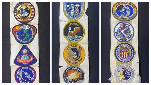 Vintage NASA Apollo Mission Patches On strip 37 inches long. Some wrinkling. Please see photos for