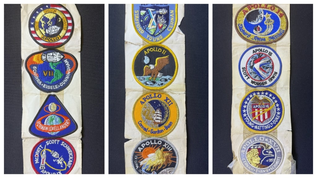 Vintage NASA Apollo Mission Patches On strip 37 inches long. Some wrinkling. Please see photos for (1 of 8)