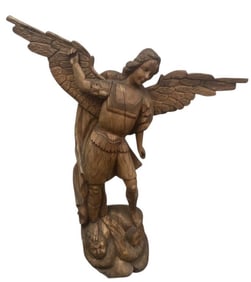 Large Hand Carved Wooden Angel Michael Carved sculpture of Michael the avenging angel. Missing thumb