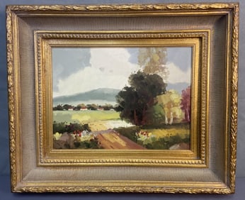 Original Oil Painting Trees & Houses Signed Landscape painting of trees in a field with white and