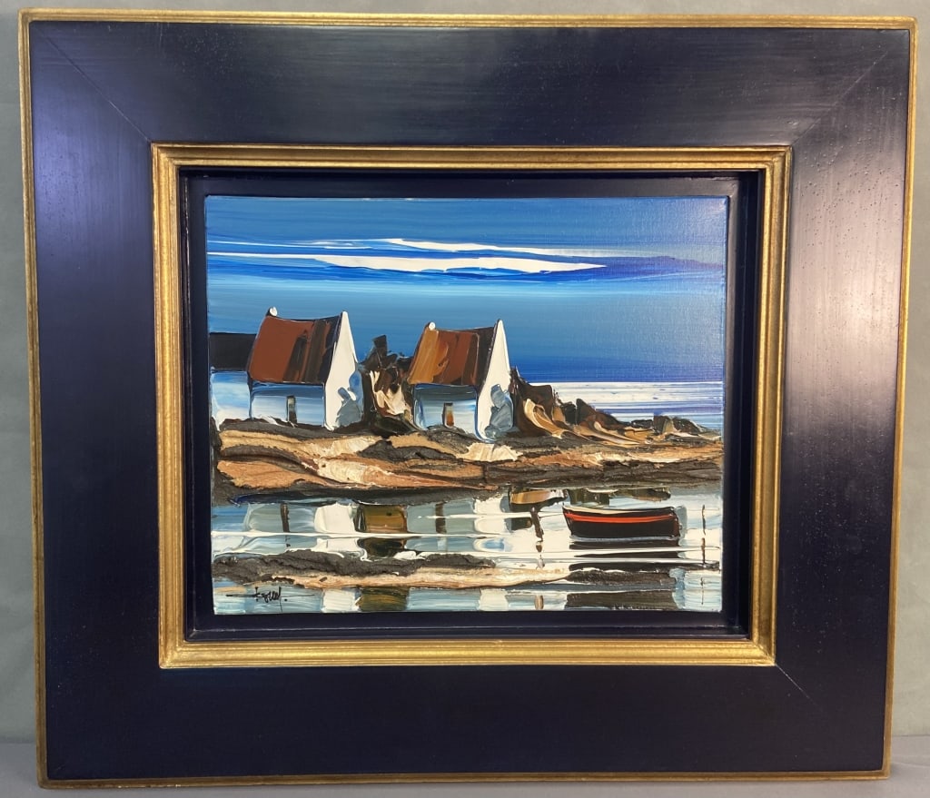 Original Oil Painting Seascape Signed Oil painting of fishing huts on the shore by the sea. (1 of 7)