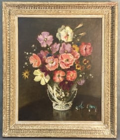 Mid Century Floral Oil Painting Framed Oil painting from the 1950's featuring a vase of flowers with