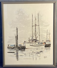 Colored Pencil Sketch River Fraser BC Signed Signed colored pencil drawing of boats on the Fraser