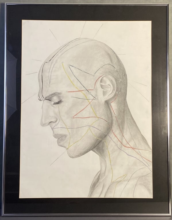 Acupuncture Diagram Pencil Sketch Signed Colored pencil sketch of a head with acupuncture points: Colored pencil sketch of a head with acupuncture points diagrammed. Signed with initials CHJ '02. Artwork with frame is 21 X 27 1/4 inches in size.