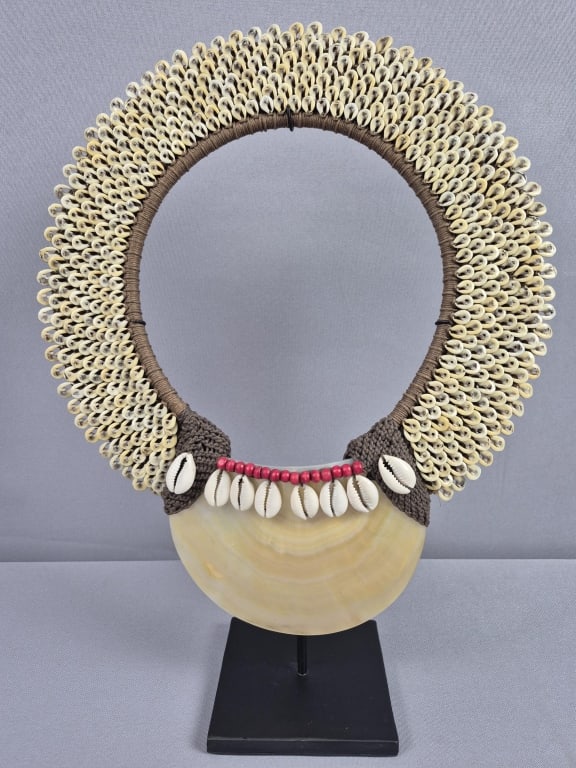 African Tribal Shell Necklace with Stand Necklace measures 11 x 13 inches tall. Free from damage. (1 of 8)