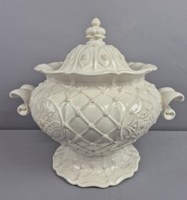 Large Juliska Berry & Thread Ceramic Soup Tureen 14 x 14 inches tall. Small crack under the top rim.